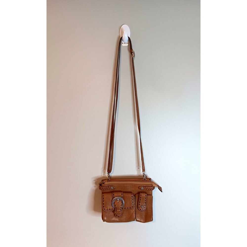 Brighton Brown Leather Small Crossbody Wallet Bag Zip/Snap Front Pockets Silver